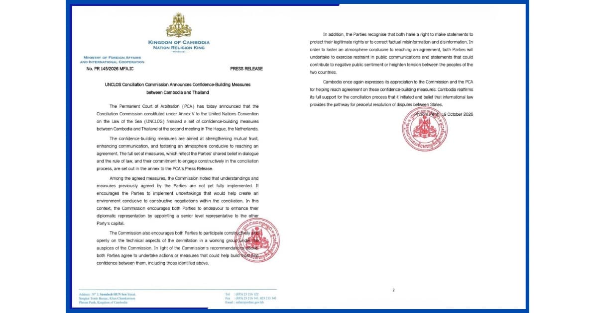 UNCLOS Conciliation Commission Announces Confidence-Building Measures between Cambodia and Thailand